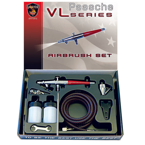 Paasche VL Series Kit The Paasche VL-SET Includes: VL#3 Airbrush Size 1 (.55mm) & 5 (1.06mm) Spray Heads (Achieve patterns of 1/32 inch to 1-1/2 inch) 1/4oz Plastic Color Cup 1oz Plastic Bottle Assembly 1oz Plastic Storage Bottle Hanger & Allen Wrench 6' Braided Air Hose 22 Lessons Booklet and Manual A - 188 Adapter